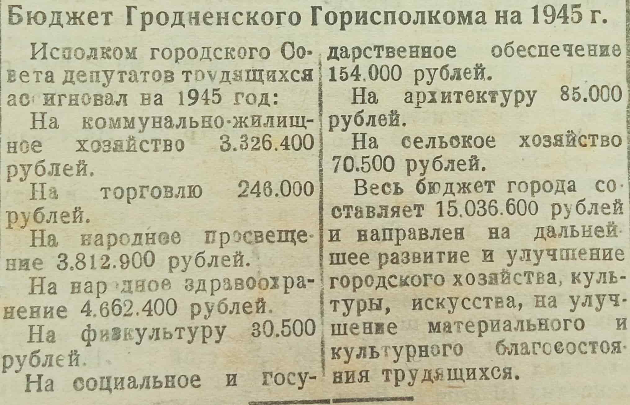 Бюджет Гродненского горисполкома на 1945 г. Газета «Гродненская правда». НСБ № 1190. 