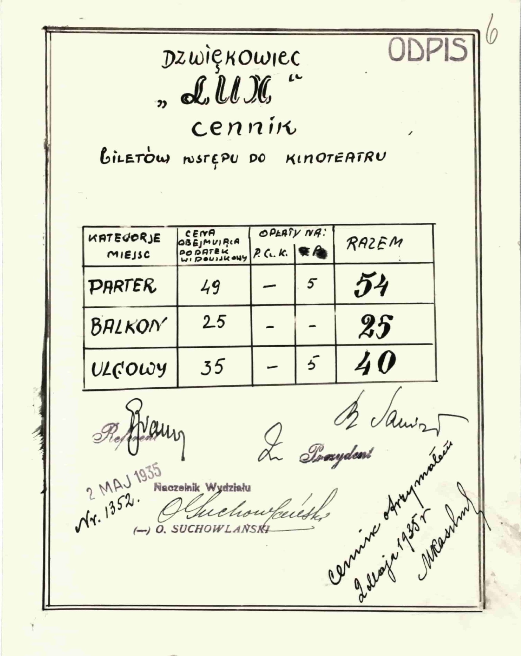 Прейскурант на билеты кинотеатра «Lux». 2 мая 1935 г. Ф.46.Оп.1.Д.327.Л.6.