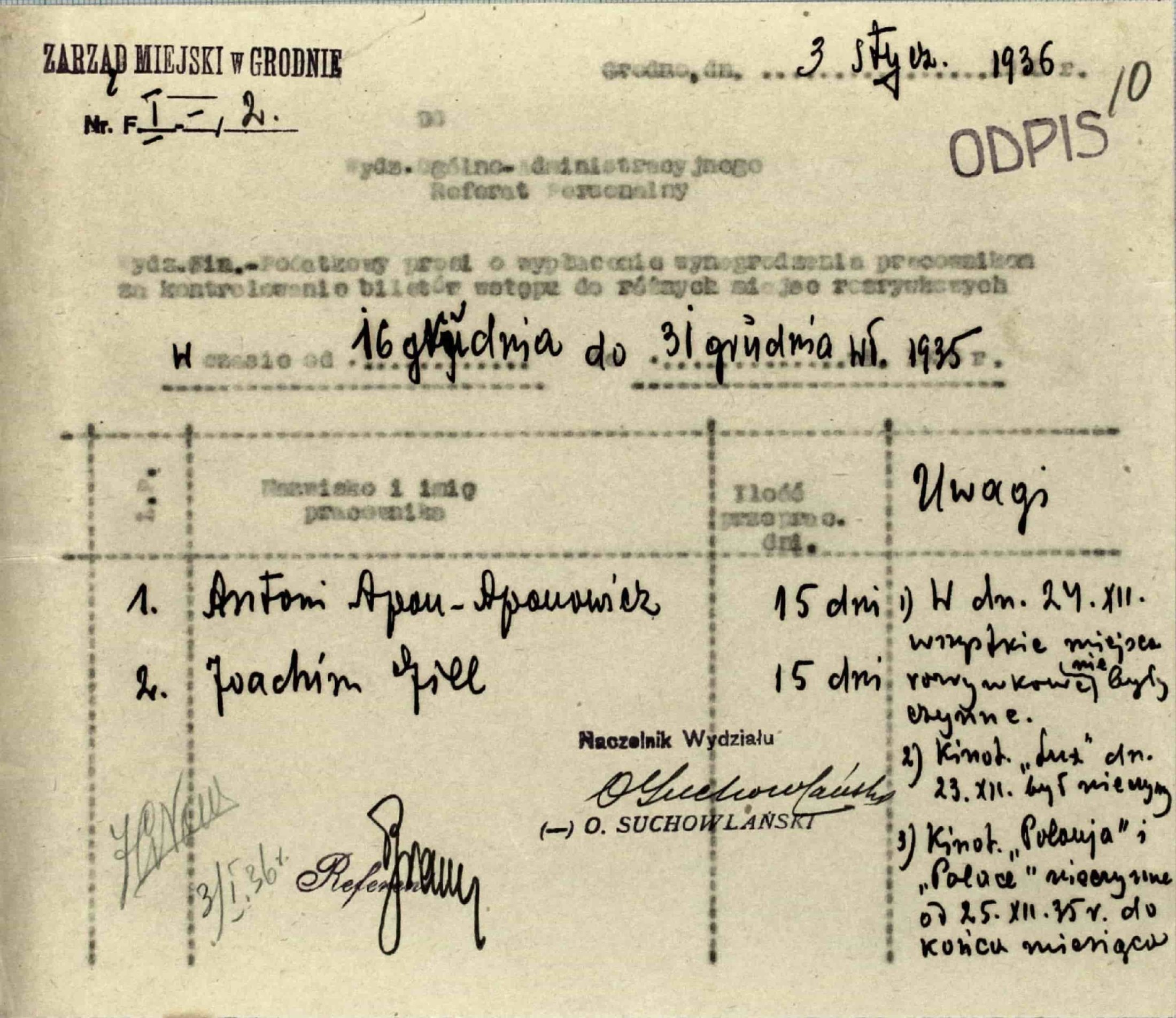 Списки билетных контролеров в кинотеатрах г. Гродно. 3 января 1936 г. Ф.46.Оп.1.Д.307.Л.10.
